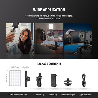 NEEWER BASICS VL67B Phone Selfie Light for iPhone with APP Control, Bi Color 2000mAh Clip On Fill Light for Vlogging Recording Live Streaming, Computer/Laptop/Webcam/Monitor Video Conference Lighting