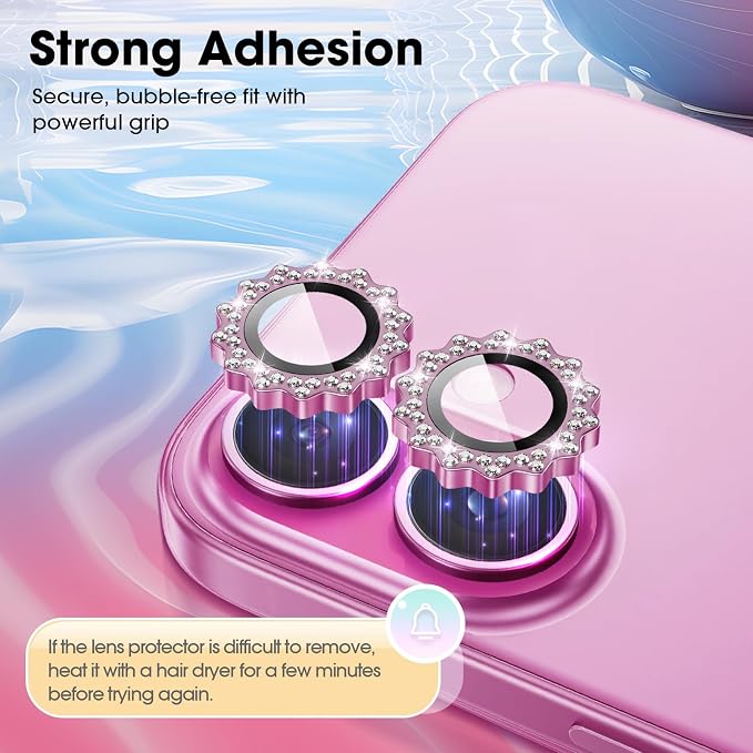 Xfilm for iPhone 16/16 Plus Camera Lens Protector Bling Individual Sun Design Diamond Ring 9H Hardness Scratchproof Protector, Stylish Phone Accessories, Case Friendly (Pink)