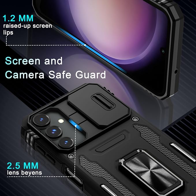 DEERLAMN Case for Samsung Galaxy A16 5G with Slide Camera Cover+Screen Protector (1 Pack), Rotated Ring Kickstand Military Grade Shockproof Protective Cover-Black