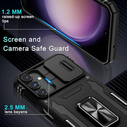 DEERLAMN Case for Samsung Galaxy A16 5G with Slide Camera Cover+Screen Protector (1 Pack), Rotated Ring Kickstand Military Grade Shockproof Protective Cover-Black