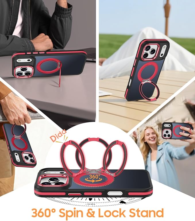 for iPhone 17 Pro Max Case with 360 Magnetic Ring Stand, Fit MagSafe, Military-Grade Shockproof Protection, Non-Slip Slim Translucent Protective Phone Cover, Red