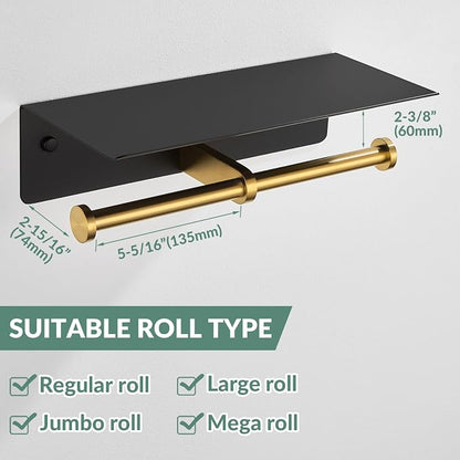 APLusee Double Toilet Paper Holder with Phone Shelf Black & Gold, 304 Stainless Steel Tissue Paper Roll Storage Dispenser, Wall Mounted