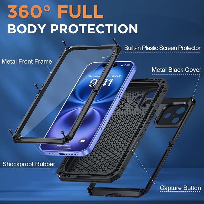 Beasyjoy for iPhone 16 Case Waterproof, Metal Heavy Duty Full Body Protective Case with Built-in Screen Protector, Military Grade Shockproof Dustproof Defender Rugged Cover for iPhone 16 6.1" Black