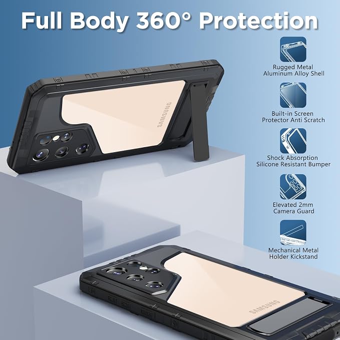 Mitywah Waterproof Case for Samsung Galaxy S25 Ultra, Heavy Duty Metal Kickstand Case, Shockproof Full Body Phone Case with Built-in Screen Protector for Samsung S25 Ultra Case Black
