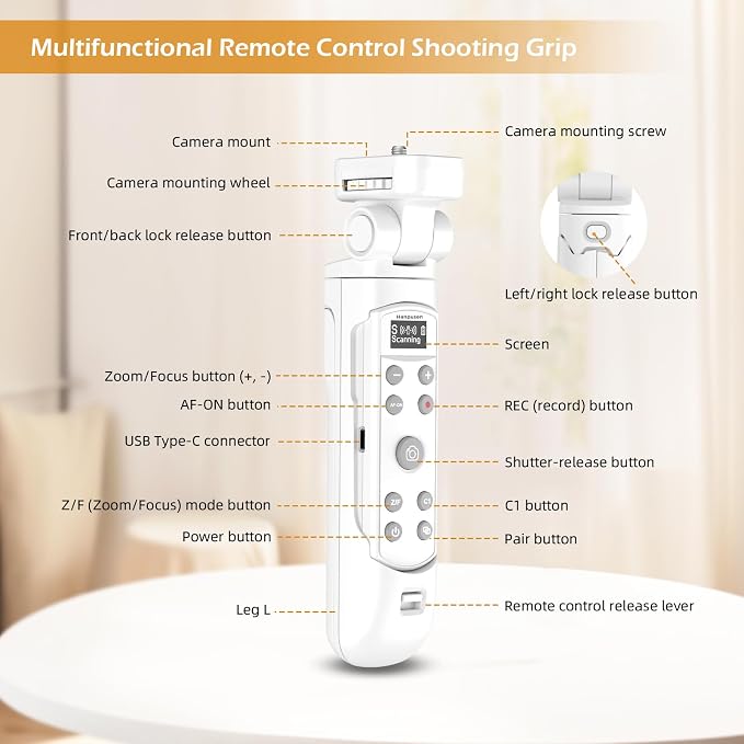 for Sony Tripod Wireless Shooting Grip with Shutter Release - Mini-Tripod with Rechargeable Remote Control for ZV-E10/ZV-E1/ZV-1/ZV-1F/RX100 VII/RX0 II/A6700/A6400/A6600/FX3/FX30, for Vlogging, White