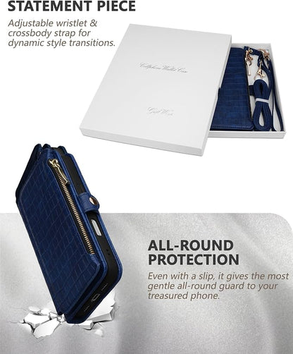 Crossbody Wallet Case for iPhone 17 Pro with Mirror, Wrist Strap, Zipper Purse Magnetic Flip, RFID Blocking Card Holder, Wireless Charging, PU Leather Shockproof 6.3" Women (Navy Blue)