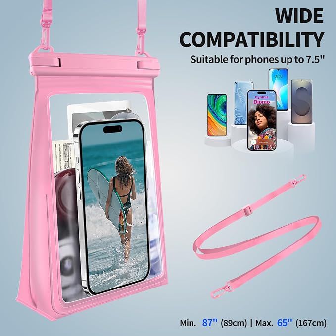 PEDVSTY Large Waterproof Phone Pouch [with Sealing Strip], Cell Phone Dry Bag for iPhone 17 16 15 14 13 Pro Max Galaxy S25 S24 S23 All Devices, Floating Water Proof Bag for Beach Water Park Hot Pink