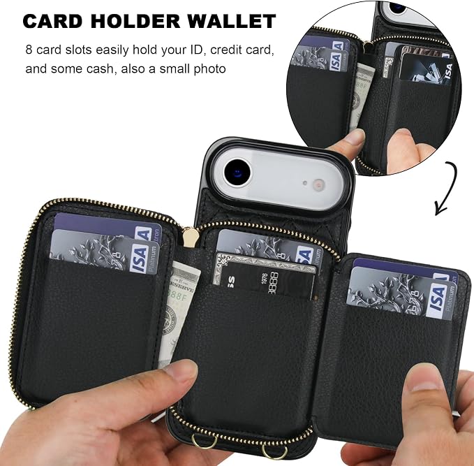 Bocasal Crossbody Wallet Case for iPhone 17 Air, RFID Blocking PU Leather Zipper Handbag Purse Flip Cover, Kickstand Folio Case with Card Slots Holder Wrist Strap Lanyard 5G 6.5 Inch (Black)