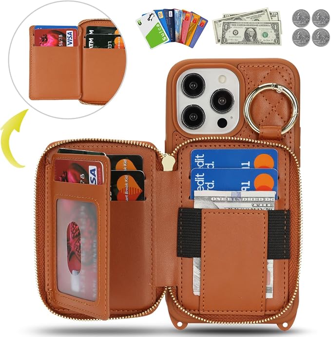 Crossbody Wallet Case for iPhone 14 Pro Max, PU Leather Zipper Handbag Purse Flip Cover, Kickstand Folio Case with Card Slots Holder Wrist Strap Lanyard 5G 6.7 Inch-Brown