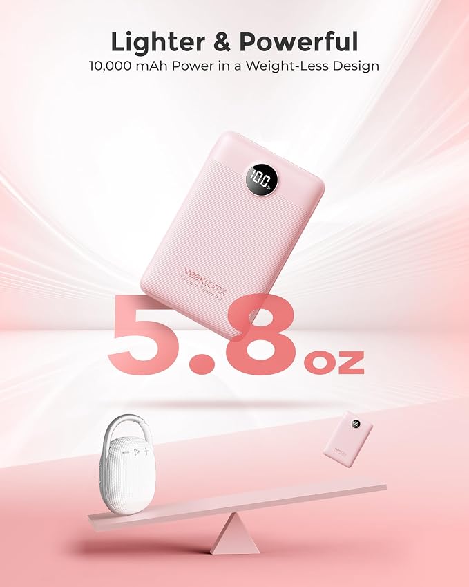 Portable Charger 10000mAh, Ultra Slim Power Bank Fast Charging with Attached USB C Cable, Travel Essential Phone Power Bank Battery Pack for iPhone 17/16/15/14 Samsung S25 Google etc, Pink