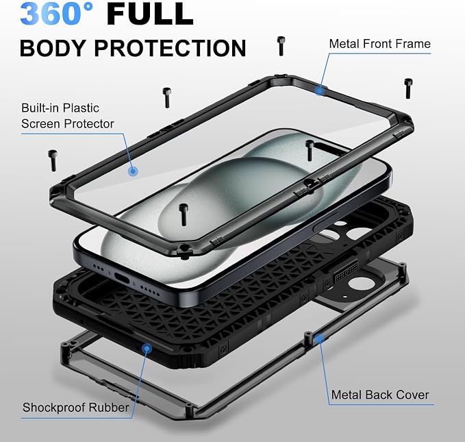 Beasyjoy for iPhone 15 Plus Case Waterproof, Metal Heavy Duty Full Body Protective Case with Built-in Screen Protector, Military Grade Shockproof Dustproof Defender Case for iPhone 15 Plus 6.7", Black