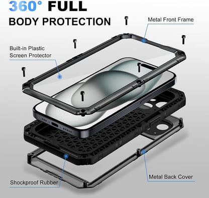 Beasyjoy for iPhone 15 Plus Case Waterproof, Metal Heavy Duty Full Body Protective Case with Built-in Screen Protector, Military Grade Shockproof Dustproof Defender Case for iPhone 15 Plus 6.7", Black