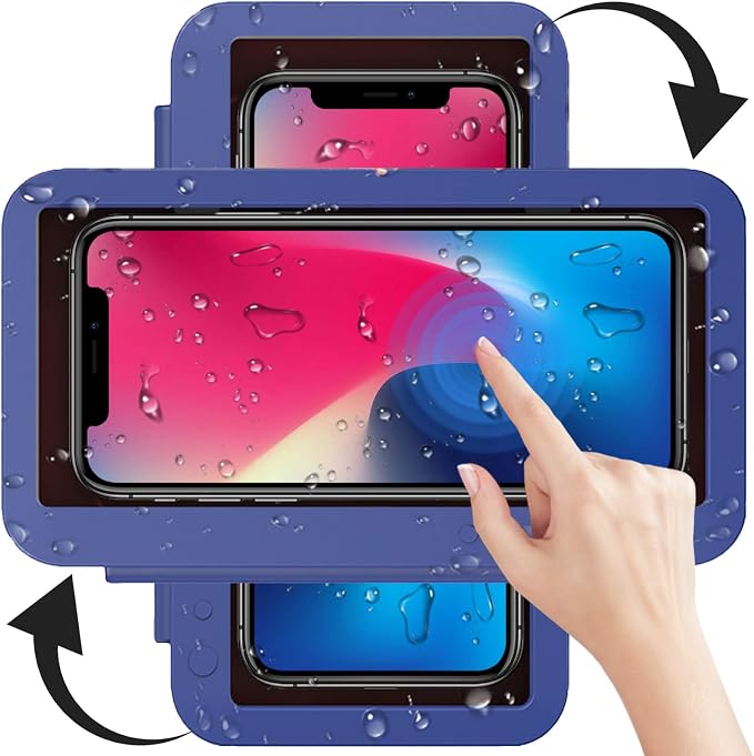 Phone Shower Holder Waterproof Box, 360 Rotating Wall Mount Shower Phone Case Anti-Fog HD High Sensitivity Touch Screen for Shower Bathroom Mirror Bathtub, Compatible with Under 7 Inch Phones(Blue)