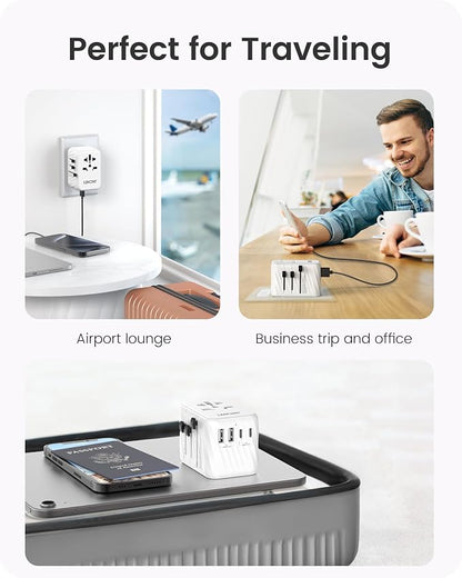 LENCENT Universal Travel Power Adapter, 30W International Wall Charger | with USB C Fast Charging, Worldwide Plug Adaptor Travel Essentials for US to EU UK Ireland Australia Type C/G/A/I White