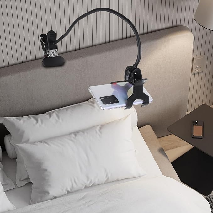 Gooseneck Bed Phone Holder, Flexible Long Arm Clip On Phone Holder for Bed, Desk, Headboard, Bedside, 360 Adjustable Cell Phone Clamp Mount Stand, All 4-7" Cellphone