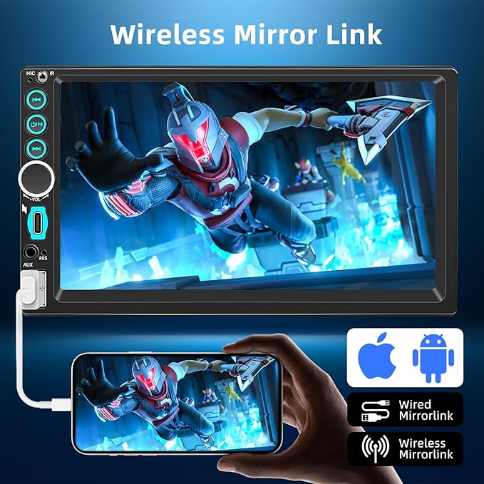 7'' Wireless Double Din Car Stereo Carplay Radio Screen for Car Audio Receivers, Bluetooth Car Play Android Auto Touchscreen, Mirror Link, FM/AM, Backup Camera, Type-C