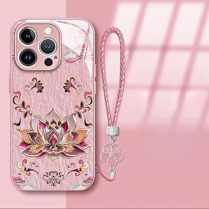 Dunhuangs Lotus Lanyard Hard Case for iPhone 17/16/15/14/13 Pro Max, Dunhuangs Lotus Hard Case, All-Inclusive Lens Design Phone Cases (Turquoise,14Pro)