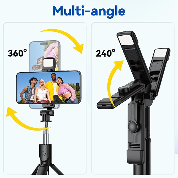 Selfie Stick Tripod with Light, Retractable Selfie Stick Tripod with Wireless Remote Control, for Photograph, Live Streaming, Video Recording, Compatible with 4-7'' Smartphone