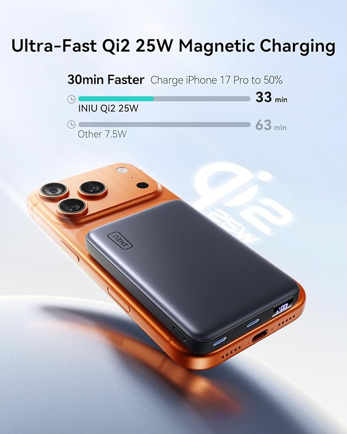 INIU for Magsafe Power Bank, Slimmest Qi2.2 Certified, 25W Magnetic Portable Charger 10000mAh, 45W PD Fast Charging Phone Charger with USB C Cable & LED Display for iPhone 17 16 15 14 13 12 Air Only