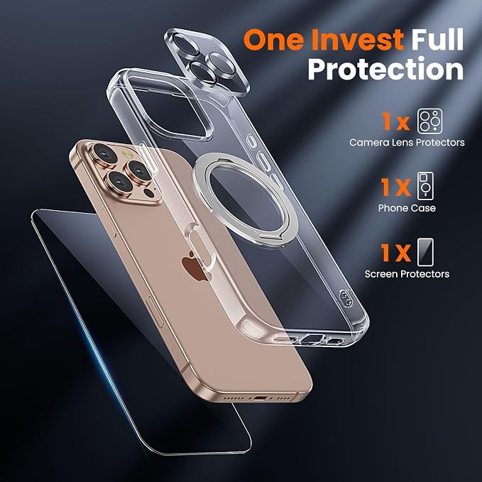 3 in 1 for iPhone 16 Pro Case Clear with Stand,Not Yellowing,Flexible Stable Stand,Kickstand,fits MagSafe,Military-Grade Protection Phone case for iPhone 16 pro Clear - Ring Holder