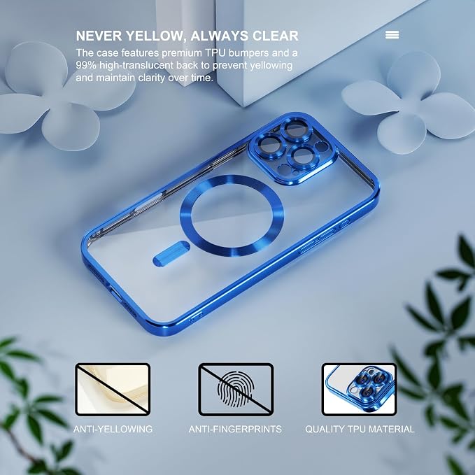 Misea Magnetic for iPhone 16 Pro Max Case Compatible with MagSafe [Never Yellowing] [Military Grade Drop Protection] Full Camera Lens Protector Plating Soft Clear Phone Case for Women 6.9", Deep Blue
