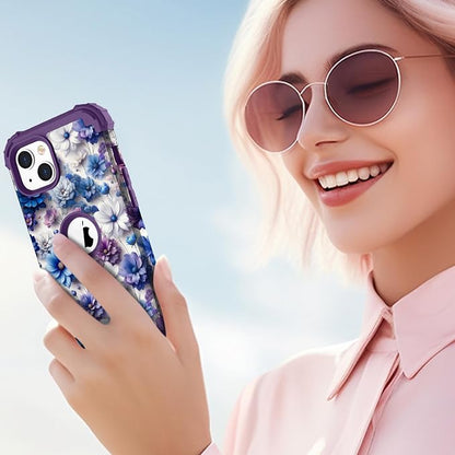 Hocase for iPhone 14 Case/iPhone 13 Case, Heavy Duty Shockproof Protection Soft Silicone Rubber+Hard Plastic Bumpers Hybrid Protective Case for iPhone 13/14 (6.1") - Blue Purple Flowers