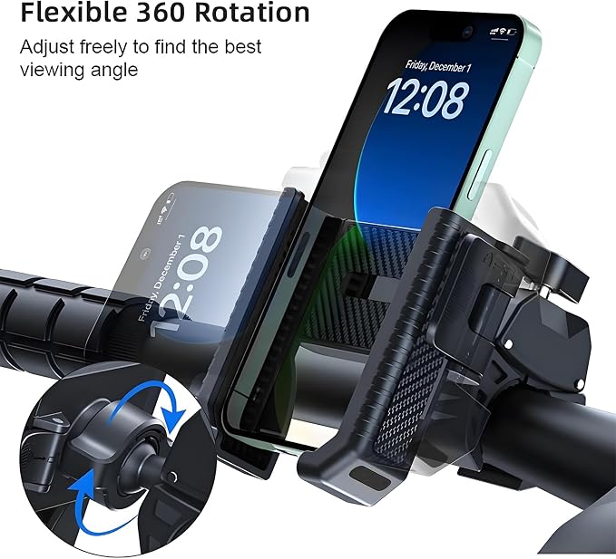 Bike Phone Mount Holder, Motorcycle Phone Mount Handlebar Clamp One-Hand Release & Quick Lock - 360 Degree Rotation Compatible with iPhone & Android Smartphones from 4.5"-7",Black 89001A