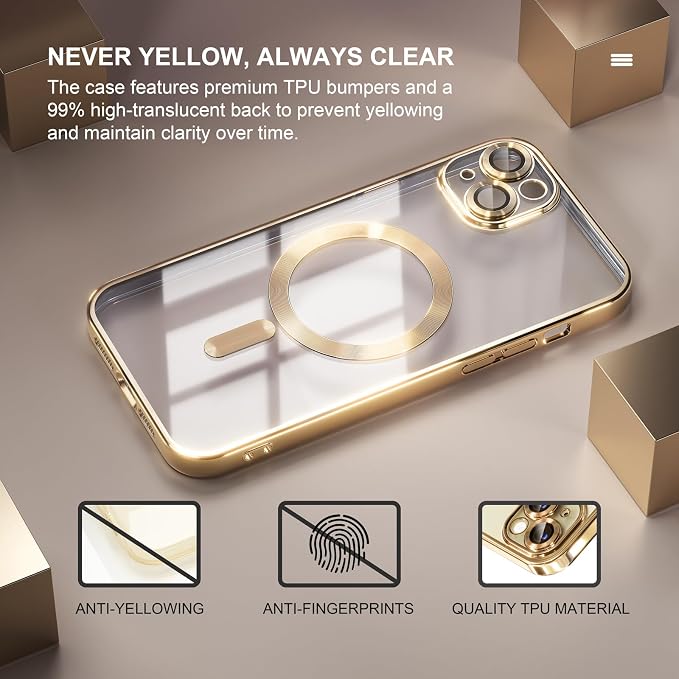 Misea Magnetic for iPhone 15 Plus Case Compatible with MagSafe [Never Yellowing] [Military Grade Drop Protection] Full Camera Lens Protector Plating Soft Clear Phone Case for Women, Gold
