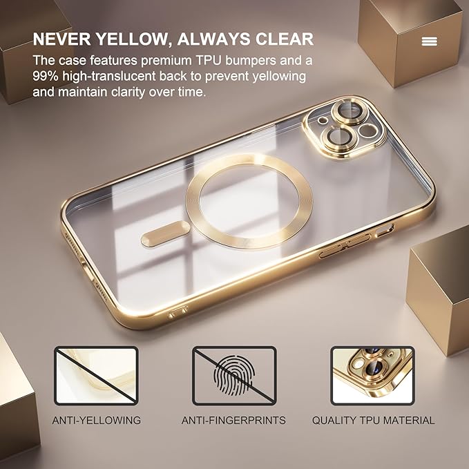 Misea Magnetic for iPhone 15 Case Compatible with MagSafe [Never Yellowing] [Military Grade Drop Protection] Full Camera Lens Protector Plating Soft Clear Phone Case for Women, Gold