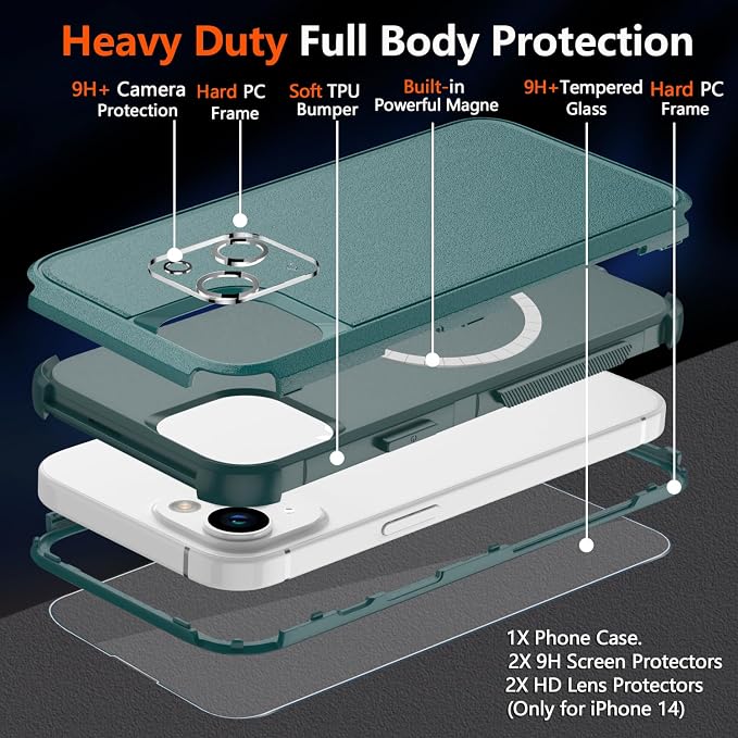 Diverbox Heavy Duty Magnetic Case for iPhone 14 [with Screen & Camera Lens Protector] (Dark Green)