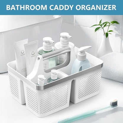 BYUNER 2Pack Shower Caddy Dorm: Portable Bathroom Caddy Organizer with Handle and Holes, Plastic Cleaning Caddy, Hard Shower Basket Storage Tote for Toiletry, College Dorm Room Essentials White/Silver