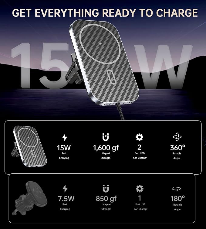 for MagSafe Car Mount Charger with Adapter, 360° Rotation Magnetic Wireless iPhone Car Charger for Air Vent, Compatible with iPhone 17/16/15/14/13/12 Series (Carbon Black)