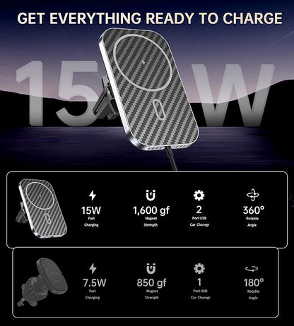 for MagSafe Car Mount Charger with Adapter, 360° Rotation Magnetic Wireless iPhone Car Charger for Air Vent, Compatible with iPhone 17/16/15/14/13/12 Series (Carbon Black)