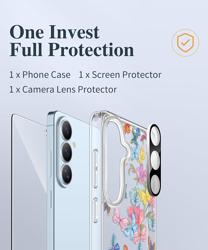 GVIEWIN for Samsung Galaxy S26 Plus Case, Clear Floral Slim Shockproof Protective Women Phone Case, Non-Yellowing, with Screen Protector&Camera Lens Protector for S26 Plus 6.7", Fantasy Butterfly