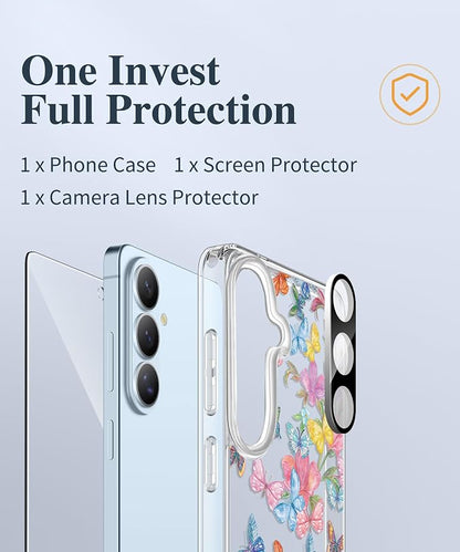 GVIEWIN for Samsung Galaxy S26 Plus Case, Clear Floral Slim Shockproof Protective Women Phone Case, Non-Yellowing, with Screen Protector&Camera Lens Protector for S26 Plus 6.7", Fantasy Butterfly