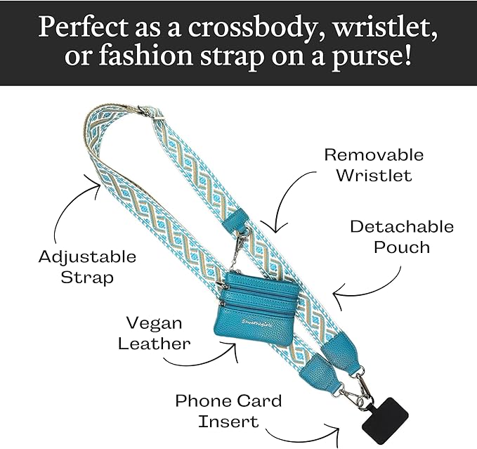 Save the Girls Original Clip and Go Phone Strap Pattern - Crossbody Phone Strap Chain with Zipper Wallet Pouch