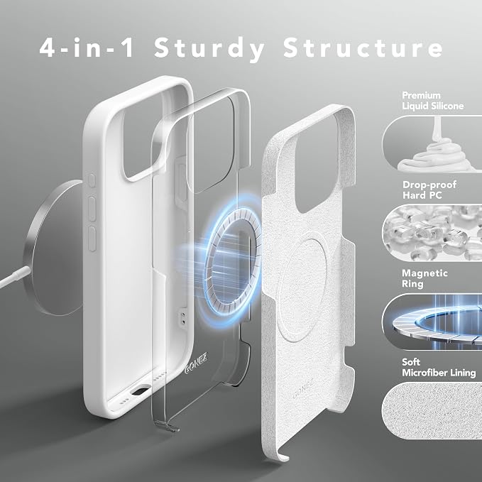GONEZ Magnetic for iPhone 15 Pro Case, Compatible with MagSafe, [Screen Protector + Camera Lens Protector], Silicone Shockproof Anti-Scratch Protective Phone Case 6.1 inch, White