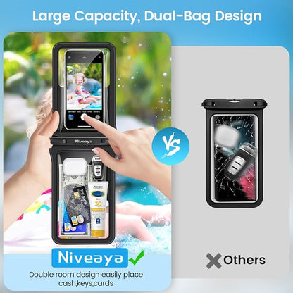 Niveaya Double Space Waterproof Phone Pouch - 2 Pack, Waterproof Phone Lanyard Case with iPhone 17/16/15/14/13 Pro Max up to 8.3", Phone Dry Bags for Vacation Beach Pool Kayak Cruise Travel Essentials