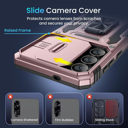 Caka for Samsung Galaxy S25 FE Case [HD Screen Protector] [Full Camera Lens Cover] [360°Rotated Kickstand Ring] [Heavy Duty Protection] Hard Rugged Protective Phone Cover for S25 FE - Rose Gold