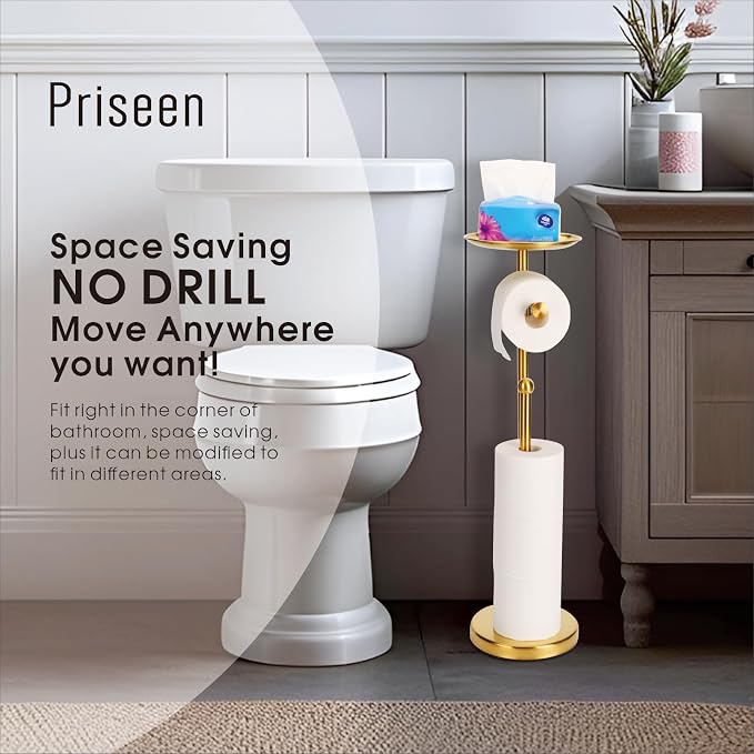 Toilet Paper Holder Stand with Phone Shelf, Gold TP Holder Freestanding, Holds 5 Rolls, Stainless Steel (Gold)