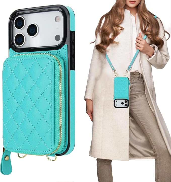 Bocasal Crossbody Wallet Case for iPhone 17 Pro Max, RFID Blocking PU Leather Zipper Handbag Purse Flip Cover, Kickstand Folio Case with Card Slots Holder Wrist Strap Lanyard 5G 6.9 Inch (Mint Green)