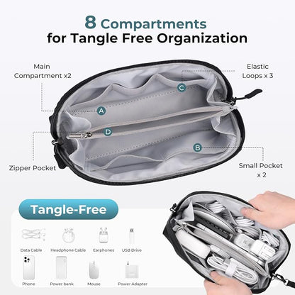 FYY Travel Cable Organizer - 8 Compartments, Lightweight, Water Repellent | With Wrist Strap, Portable Tech Pouch for Cord Charger, Travel and Business Trips Use, Soft Shell Nylon, Black (Large)
