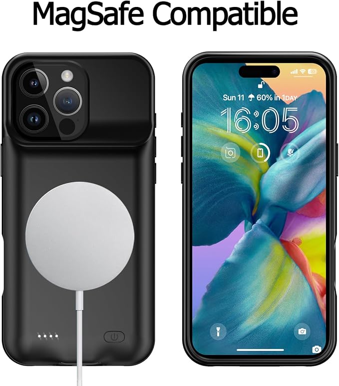 Battery Case for iPhone 16 Pro, [10000mAh] Enhanced Portable Protective Smart Qi Wireless Charger Case Battery Pack with CarPlay Wireless Charging Cover Compatible for iPhone 16 Pro (6.3 inch)-Black