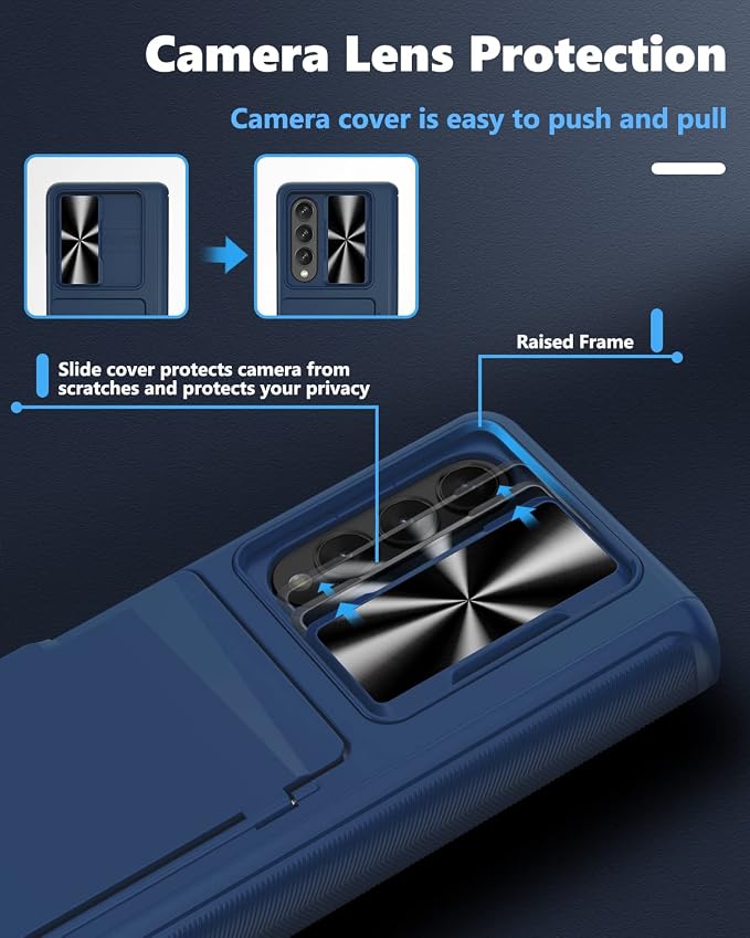 Viaotaily Galaxy Z Fold 4 5G Case with Card Holder & Hinge Protection, Built-in Slide Camera Lens Cover & Screen Protector, Durable Sturdy Phone Cover Case for Samsung Galaxy Z Fold 4 5G 2022 (Blue)