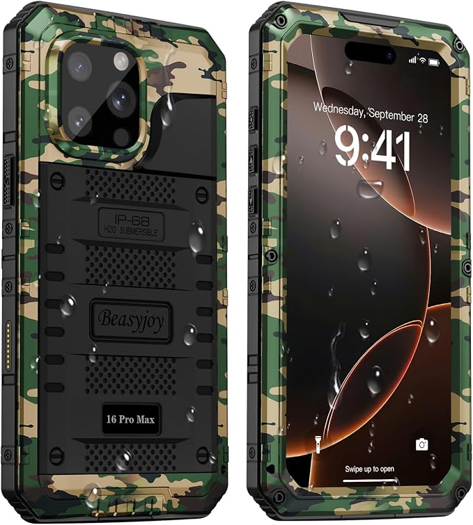 Beasyjoy for iPhone 16 Pro Max Case Waterproof, Metal Heavy Duty Full Body Protective Case with Built-in Screen Protector, Military Grade Shockproof Defender Cover for iPhone 16 Pro Max 6.9", Camo