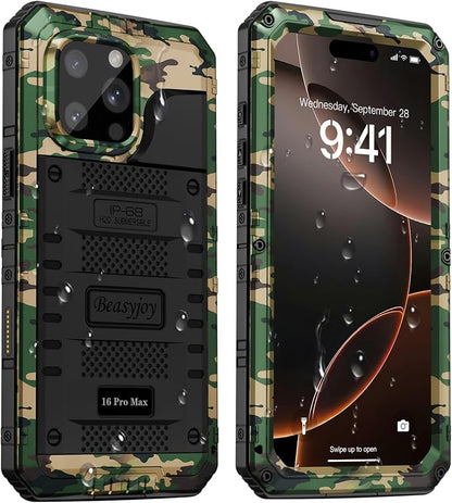 Beasyjoy for iPhone 16 Pro Max Case Waterproof, Metal Heavy Duty Full Body Protective Case with Built-in Screen Protector, Military Grade Shockproof Defender Cover for iPhone 16 Pro Max 6.9", Camo