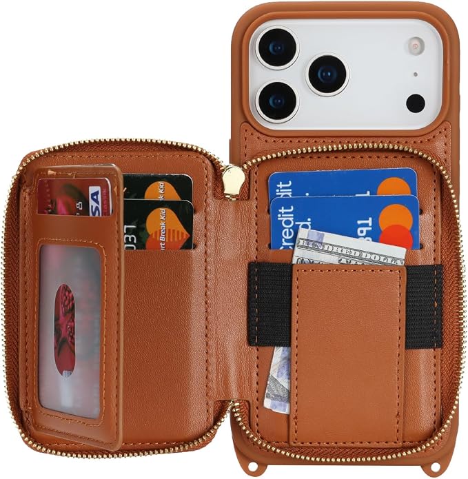 Crossbody Wallet Case for iPhone 17 Pro Max, PU Leather Zipper Handbag Purse Flip Cover, Kickstand Folio Case with Card Slots Holder Wrist Strap Lanyard 5G 6.9 Inch-Brown