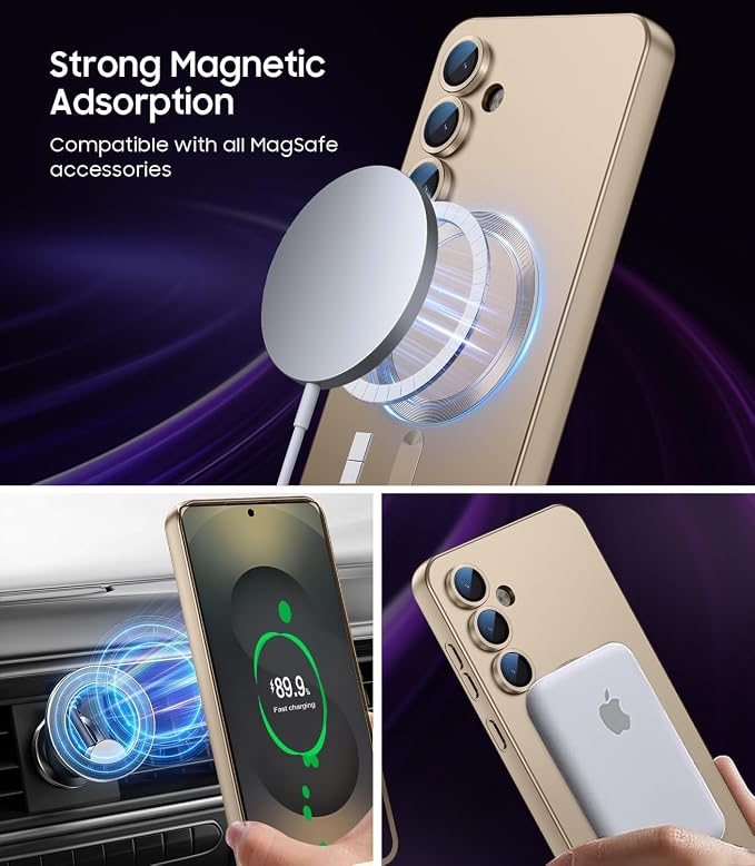Magnetic for Samsung Galaxy S25 FE Case [Compatible with MagSafe][Built-in Camera Lens Protector] Slim Soft Silicone Bumper Shockproof Metallic Luster Phone Case, Gold