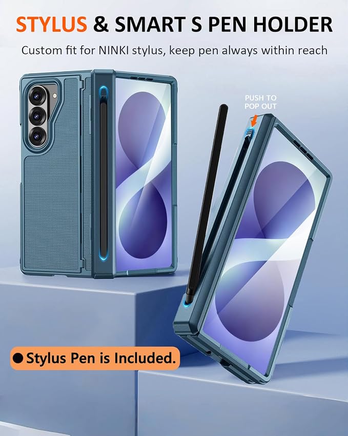 NINKI for Samsung Galaxy Z Fold 8 Ultra Case with S Pen Holder & Stylus & Invisible Kickstand, Magnetic Screen Protector Hinge Phone Cover for Samsung Z Fold 8 Ultra Case with S Pen Holder – Blue