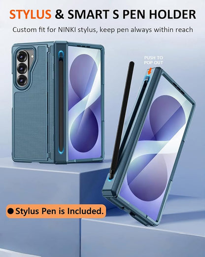 NINKI for Samsung Galaxy Z Fold 8 Ultra Case with S Pen Holder & Stylus & Invisible Kickstand, Magnetic Screen Protector Hinge Phone Cover for Samsung Z Fold 8 Ultra Case with S Pen Holder – Blue